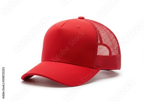 A vibrant red trucker hat with a mesh back isolated on white background