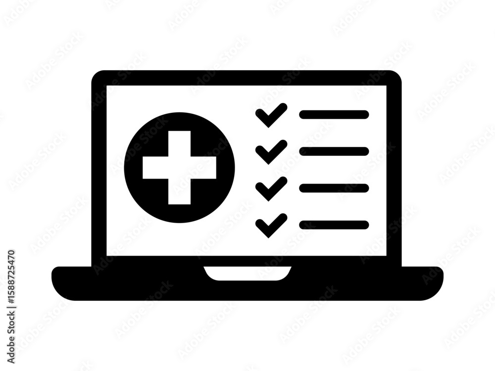 Fototapeta premium Online health, computer medical report icon. Health care diagnosis laptop icon design template.