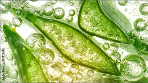 Aloe vera slices floating in transparent liquid, generating rising bubbles and presenting natural wellness essence for skincare and health related visual concepts