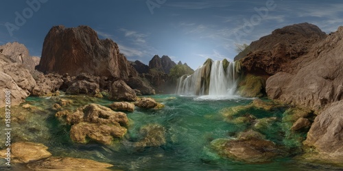 Stunning 360 degrees panoramic view of waterfall oasis in nature hdr environment