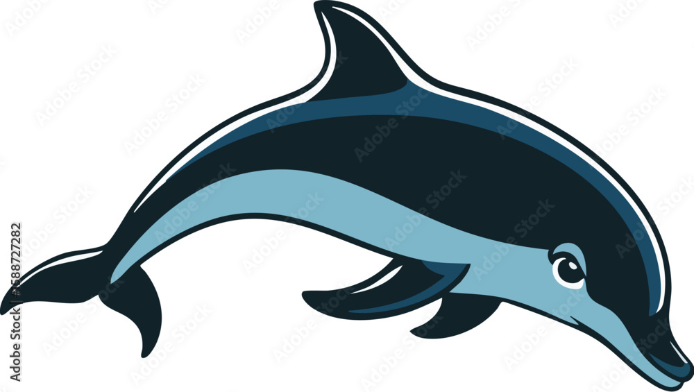 Fototapeta premium Playful Dolphin Illustration: A cheerful cartoon dolphin leaps playfully through the water, its sleek body highlighted in shades of teal and dark blue.