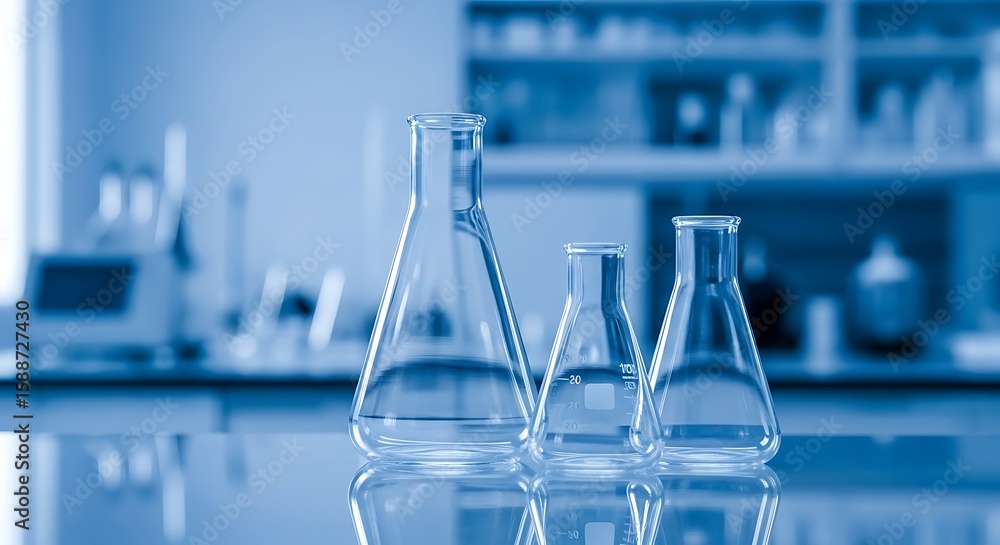 Laboratory glassware and scientific equipment in blue hues, Medical research tools and equipment on a lab table in light blue Laboratory glassware and scientific equipment in blue hues, Medical research tools and equipment on a lab table in light blue