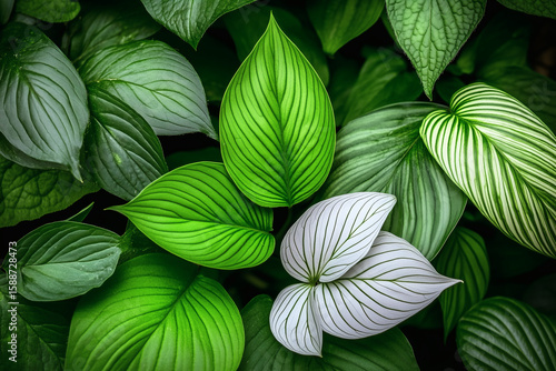 Wallpaper Mural Close-up of Varied Green Leaves with Unique White Leaf, Botanical Natural Texture Torontodigital.ca