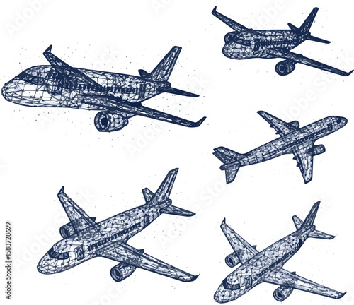 Isolated a kinds of deferent airplane travel Abstract 3d blue Vector art color with white background.