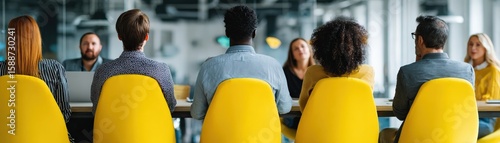 A diverse group of professionals attending a meeting or presentation in a modern office setting with bright yellow chairs.