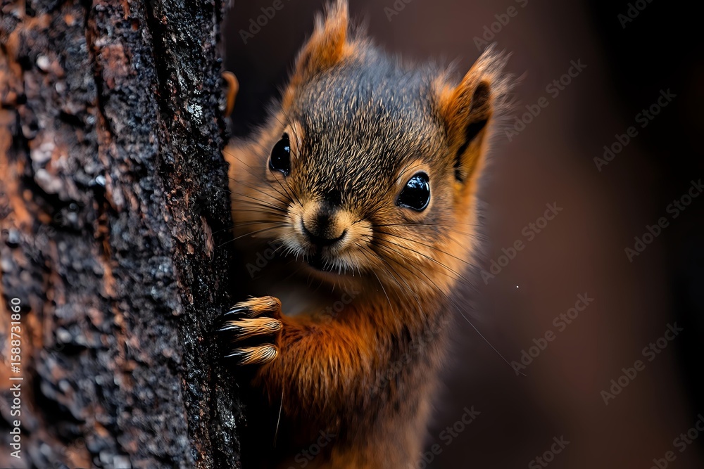Obraz premium Curious red squirrel peeking from behind tree bark in forest, close-up portrait showing bright eyes and orange fur against dark background. Wildlife photography.