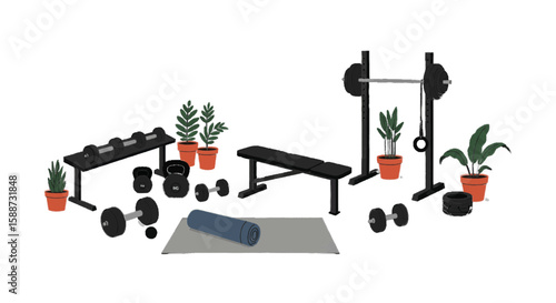 Home gym setup – weights, mat, plants vector plain white background