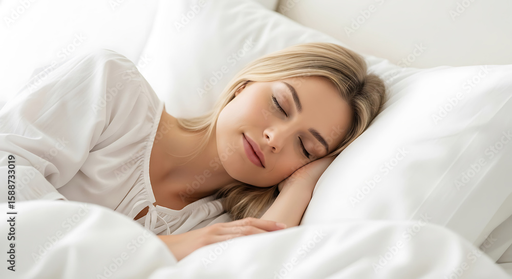 Blonde woman peacefully sleeping on white pillows wearing a white top image Blonde woman peacefully sleeping on white pillows wearing a white top image