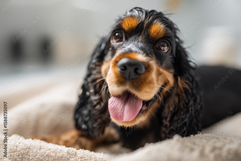 Obraz premium Happy cocker spaniel relaxing on soft blanket indoors in cozy living space