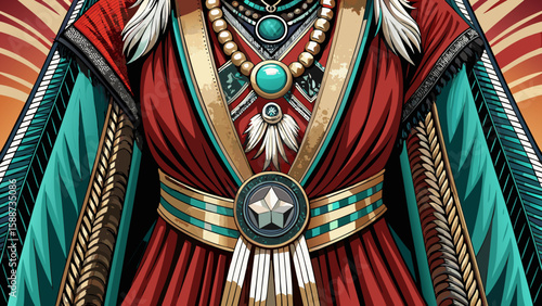 The Navajo ceremonial dress features a long velvet gown with silver conchos and turquoise jewelry, perfect for a detailed vector showing Indigenous elegance from a full-body, close-up perspective.