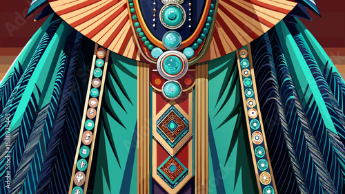 The Navajo ceremonial dress features a long velvet gown with silver conchos and turquoise jewelry, perfect for a detailed vector showing Indigenous elegance from a full-body, close-up perspective.
