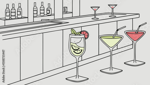 Illustration of a bar with bottles and various cocktails on the counter in a simple line drawing style
