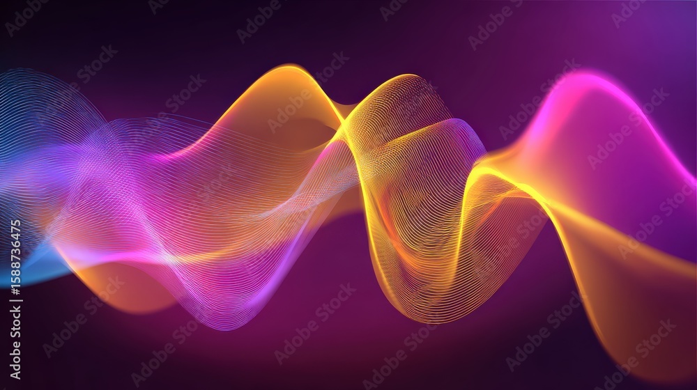 Fototapeta premium Colorful, flowing digital waveforms with vibrant gradients of pink, purple, yellow, and blue on a dark background create a dynamic, abstract visual effect.