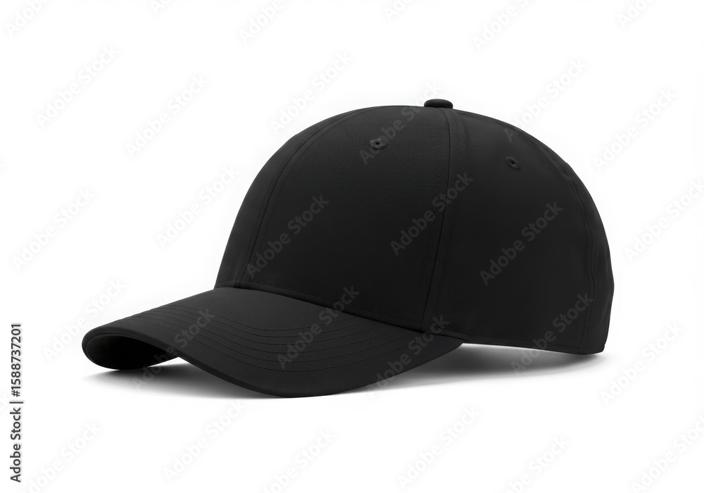 Fototapeta premium A sleek black baseball cap with a curved brim isolated on white background