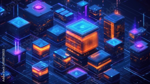 Containerized architecture diagram showing layered nodes, microservices blocks, and orchestration interfaces in a futuristic software environment layout 