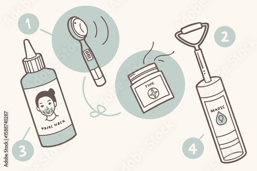 Illustration of skincare products including a bottle, massager, jar and facial roller tools shown