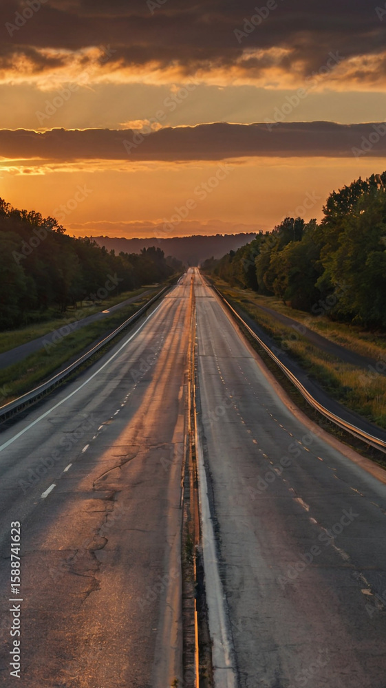 Obraz premium Photo of a long straight road leads to the sunset through the trees