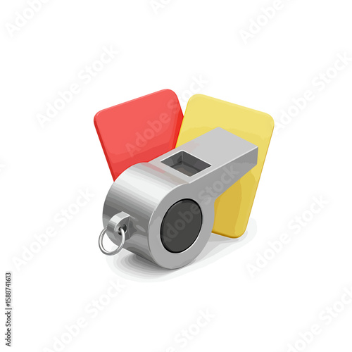 Referee's whistle with red and yellow cards, signifying game decisions and penalties.