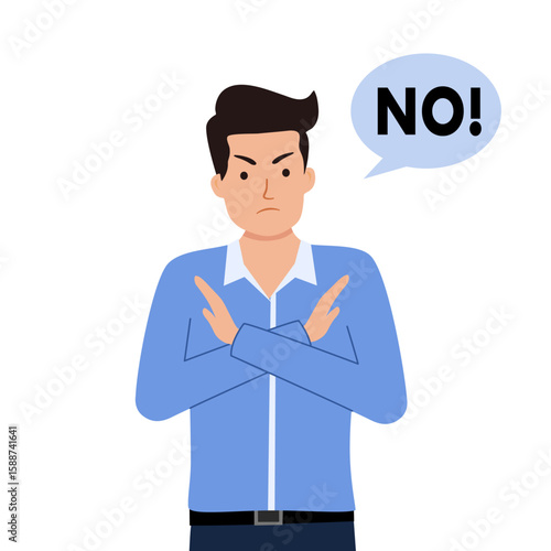 Young man cartoon character wave hand making no sign or stop sign, business concept in saying no, stop, or disagreement. . Flat vector illustration isolated on white background
