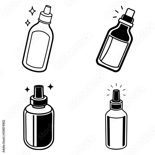 Collection of four monochrome bottles with different designs and sparkling effects around them