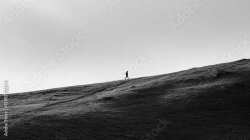 Solitary Journey: A solitary figure traverses a vast, rolling landscape, their silhouette a testament to the immensity of nature, emphasizing themes of solitude and introspection. 