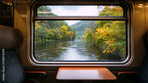 Fototapeta Naklejka Na Ścianę i Meble -  Scenic Journey: A tranquil view from a train window captures a mesmerizing riverside landscape with colorful trees and a flowing river, promising a delightful travel experience.