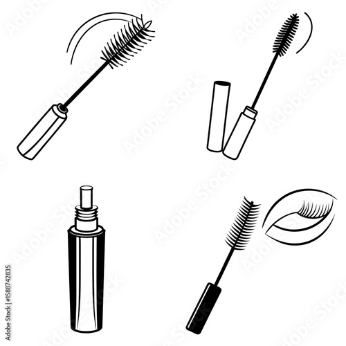 Illustration showing different views of mascara wand and bottle in black and white style drawing