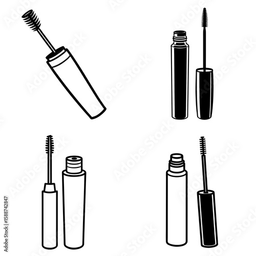 Illustration of four mascara tubes with applicators in various orientations on a white background