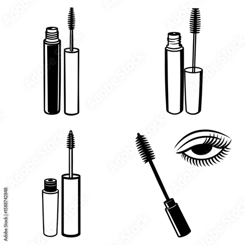Illustration showing various mascara tubes with applicators and a stylized eye with lashes
