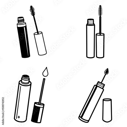 Illustration showing four mascara tubes with wands in various states of use and application styles