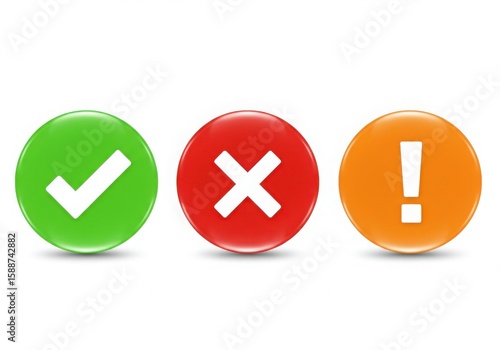 Green check mark red x and orange exclamation mark icons isolated on white background