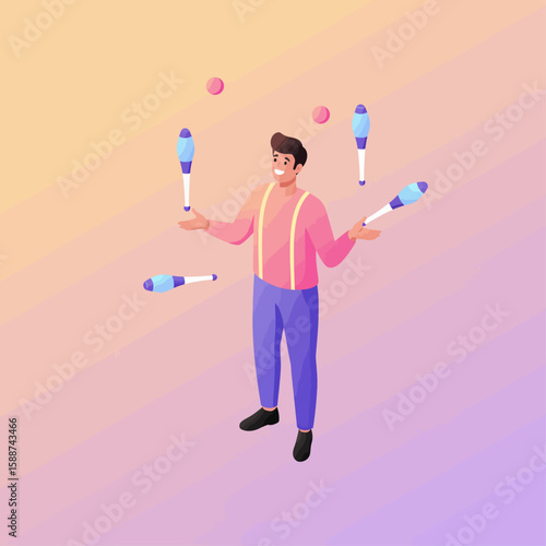 A smiling man juggles clubs and balls, demonstrating skill and entertainment.