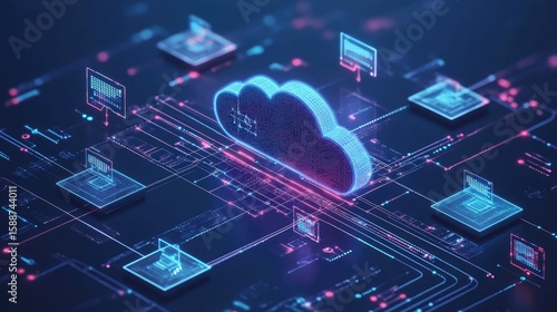 Data replication and mirroring diagram showing sync processes between hybrid cloud environments for redundancy and disaster recovery in tech visual