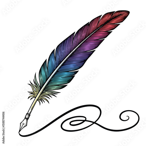 A Colorful Feather Quill Pen with Ink Swirl Vector Illustration
