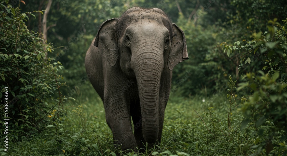Fototapeta premium Elephant strides powerfully through dense green foliage, evoking a sense of awe and wilderness.