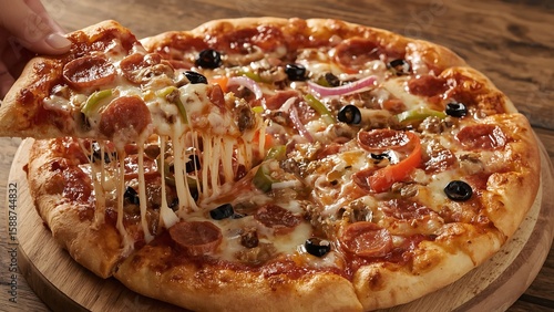 Supreme Pizza with Stretchy Cheese – Pepperoni, Sausage & Veggie Toppings on Golden Crust