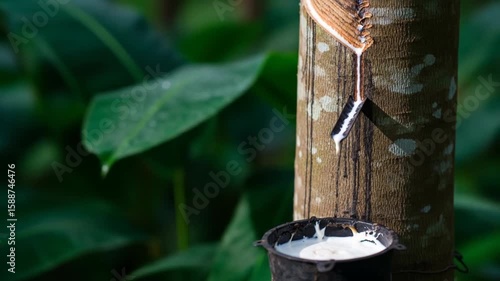 Rubber tapping process: Fresh latex dripping from a rubber tree into a collection cup in a lush green plantation
