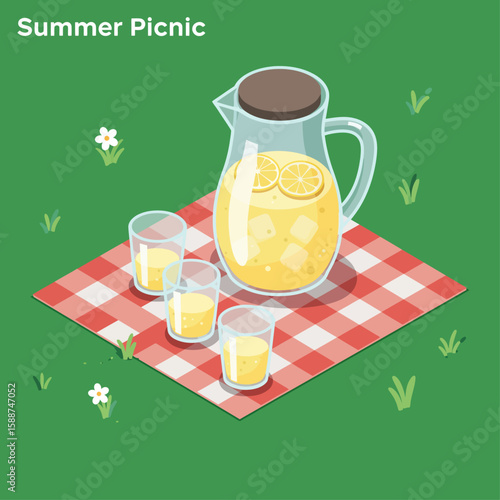 A refreshing summer picnic scene featuring a pitcher of lemonade and glasses on a checkered blanket.