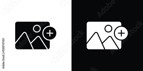 Add photos icon black flat pictogram. For graphic and web design.