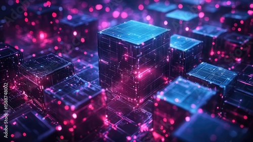 Distributed ledger technology visualized in stacked 3D blocks showing consensus mechanism, node validation, and decentralized transaction structure