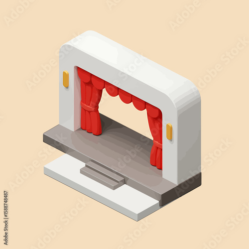 Isometric illustration of a stage with red curtains, showing architectural details.