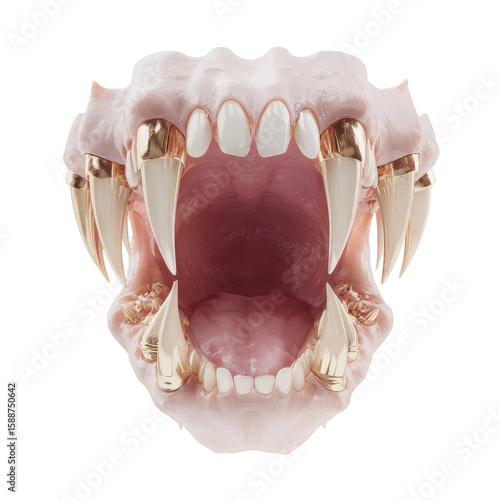 Majestic Maw: Close-up view of a feline jaw, showcasing sharp, ivory teeth adorned with golden accents. A symbol of untamed power and refined luxury.