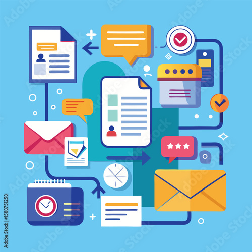 Abstract illustration of digital communication email workflow step-by-step workflows with data and information exchange.