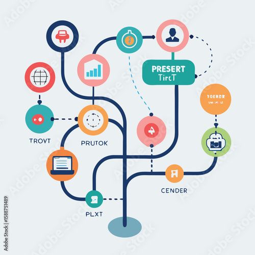 Abstract infographic representing a complex strategy roadmap with interconnected elements and data driven design.