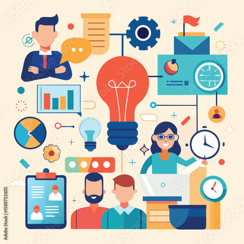 Business collaboration and project management illustrated with ideas and step-by-step workflows and teamwork