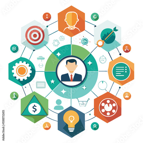 Business development conceptual diagram depicting strategic planning with targets and innovative ideas