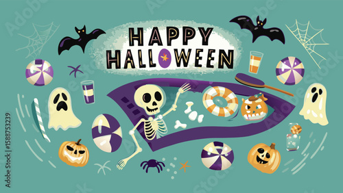 Happy halloween themed illustration with skeleton in a pool and spooky decorations around it