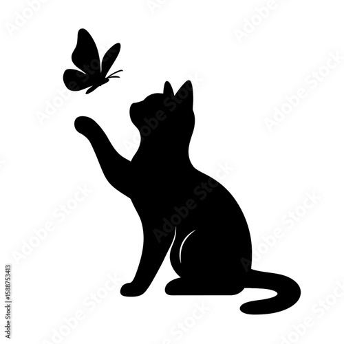Black Cat Reaching for Butterfly Silhouette