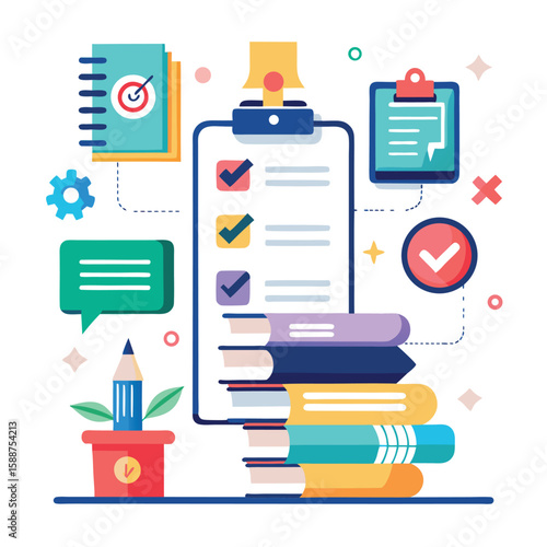 Colorful flat design illustration of business planning with checklist agenda and step-by-step workflows