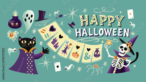A cartoon halloween scene with a black cat skeleton ghosts and a happy halloween banner design